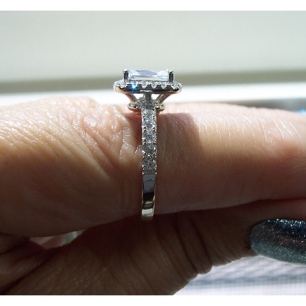 925 STERLING SILVER Radiant Cut Clear Cubic Zirconia Halo Ring - Picture 7 of 16